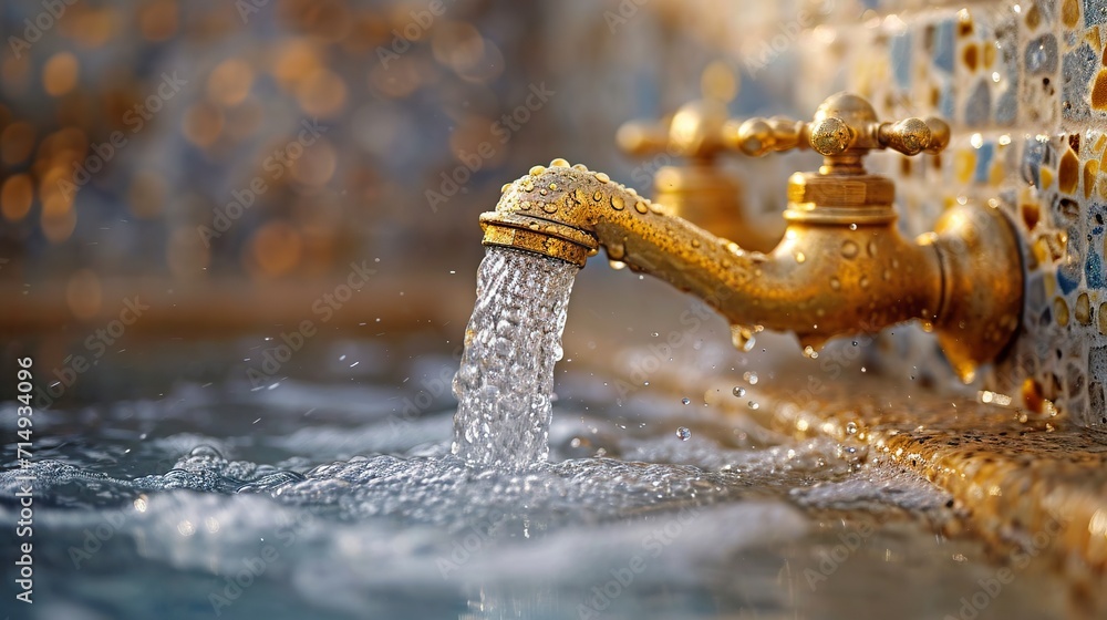 Representation of a rustic tap with water cascading down. Antique brass faucet on austere background in graceful arc of water flow. - obrazy, fototapety, plakaty 