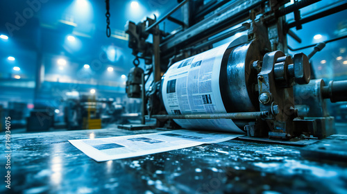 Industrial printing workshop: A motion-blurred scene of a newspaper printing machine in action, creating a dynamic composition