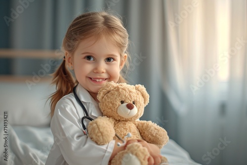 Little girl wearing a white coat and holding a teddy bear. Generative AI