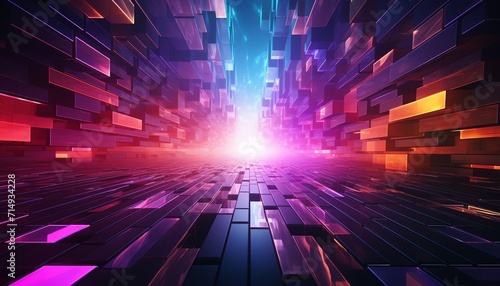 Futuristic digital 3D rendering of neon-lit blocks creating a vibrant abstract tunnel.
