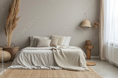 Cozy bedroom in a minimalist Scandinavian style with a bed, pillows and with gray walls.