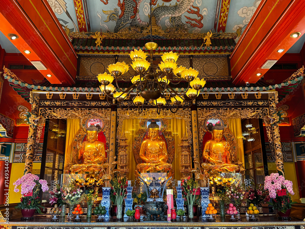 Po Lin Temple Monastery, a mid century temple built at the Ngong Ping Village, Hong Kong, nearby the giant Tian Tian Buddha, comprising of many ornate and intricate details of Buddha statue 
