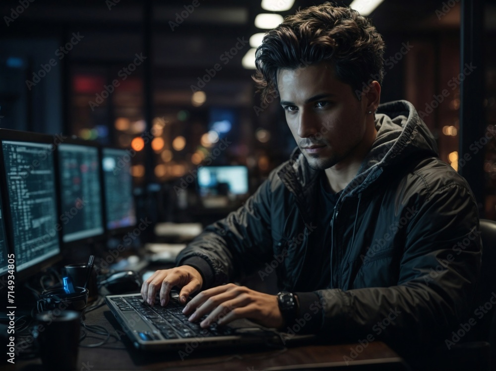 Man Sitting at Desk Using Laptop Computer for Work, Study, or Entertainment. Generative AI. Man Sitting at Desk Using Laptop Computer for Work, Study, or Entertainment. Generative AI.