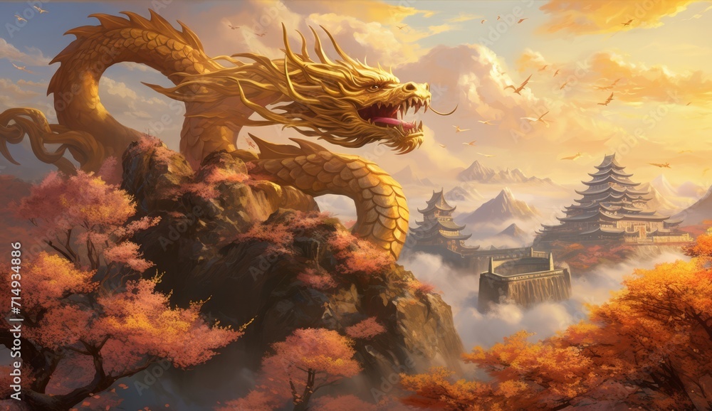 dragon in the clouds with golden blossom trees  - obrazy, fototapety, plakaty 