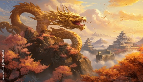 dragon in the clouds with golden blossom trees 