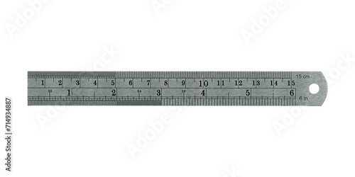 Small steel metal silver rulers close up isolated on a white background.