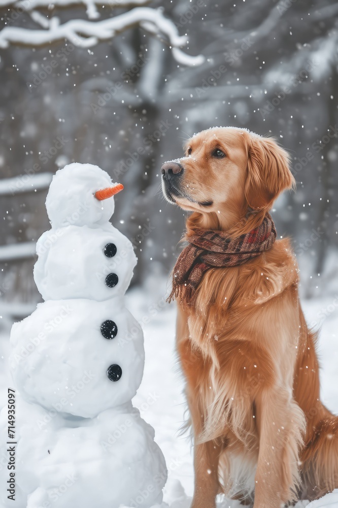 Golden retriever dog in winter park