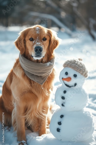 Golden retriever dog in winter park