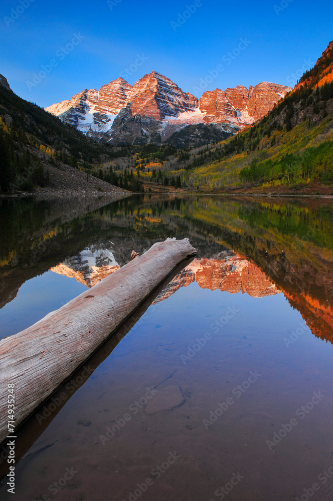 A log on Maroon Lake below the dawn-lit Maroon Bells, Aspen, Colorado, USA.
