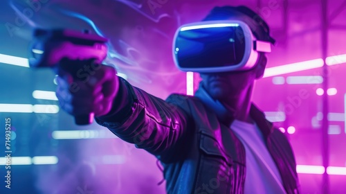 Man fight in metaverse, virtual reality glasses and futuristic game for vr
