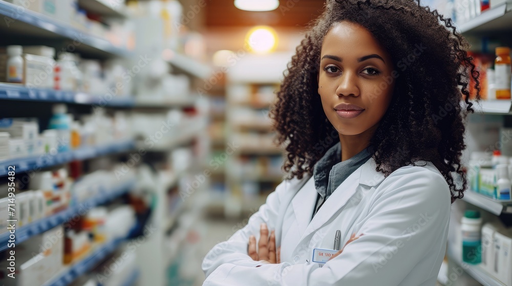 young female dark skinned pharmacist working in a pharmacy - obrazy, fototapety, plakaty 