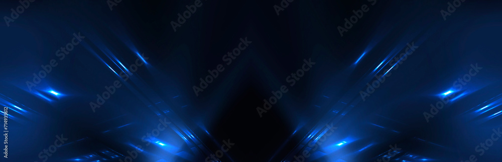 Abstract scene from rays of light with stairs, blue neon, spotlights.