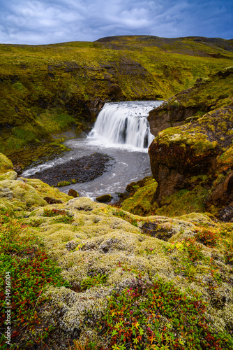 One of the many waterfalls on the trek from Skógafoss up to the Fimmvörðuháls hut and pass, south Iceland.