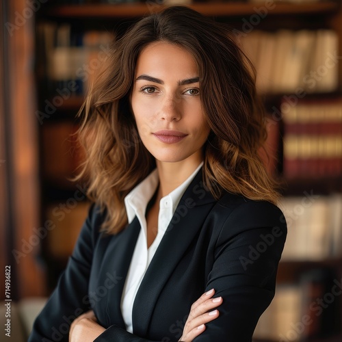 cheerful business woman in tailored suit in modern office background