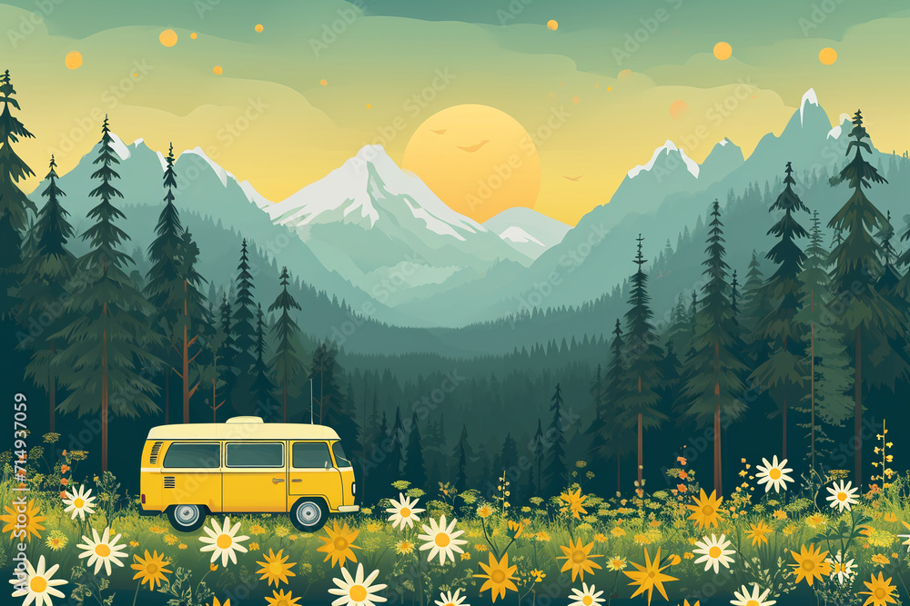Travel in a vintage yellow camper van through the mountains. Stock ...