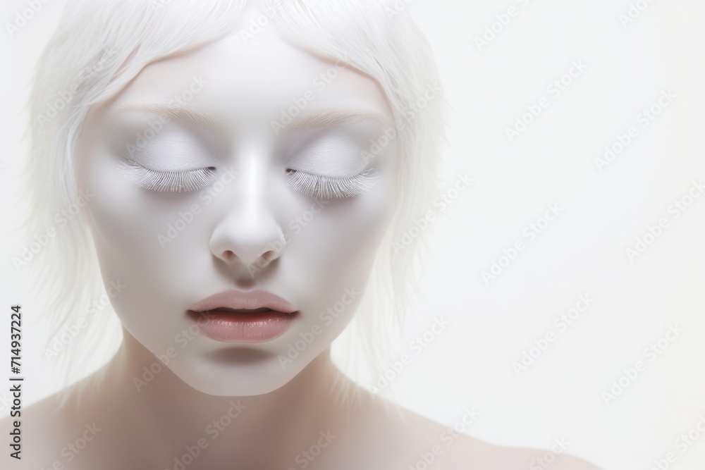 Portrait of a woman with closed eyes with white hair, white eyelashes and white skin Portrait of a woman with closed eyes with white hair, white eyelashes and white skin