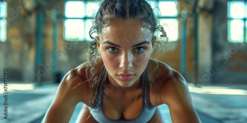 Sportlerin in Fitness-Studio-Pose, Dehnung