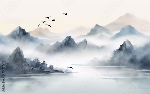vector illustration Misty mountains with gentle slopes and flocks of birds in the sunrise sky. Fascinating painting