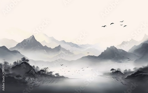 vector illustration Misty mountains with gentle slopes and flocks of birds in the sunrise sky. Fascinating painting © Harjo