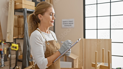 Mature caucasian woman taking notes in a carpentry workshop setting, wearing work gloves and an apron.