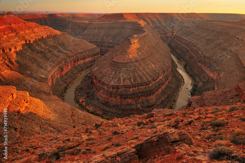 Beautiful sunset view of the canyon of the San Juan river, Goosenecks State Park, Utah, Southwest USA. photo