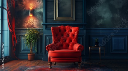 Red Velvet Armchair in a Classic Blue Victorian Room