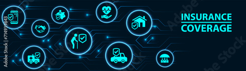 Insurance coverage. Blue concept with icons related to safety and protection, security, insured risks and liability. Health care, risk, help service. Car accident, travel insurance, flight protection.