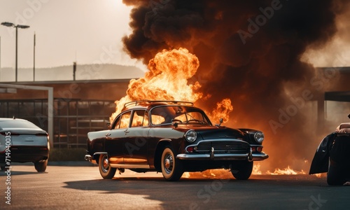 Burning car. Fire of a passenger car in a city parking lot. Fire in the engine compartment, short circuit in the wiring. Open fire and black smoke. Road incident. Gangster mafia wars