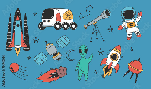 Space rocket astronaut planet cute alien doodle line style concept set. Vector graphic design illustration
