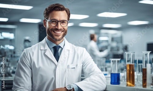 Portrait of mature successful scientist lab technician at workplace in laboratory with microscope, handsome man with beard and goggles smiling and looking into camera, inventor with glasses