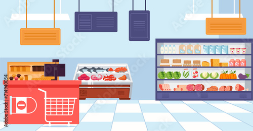 Supermarket shelf with food market store grocery shop empty interior concept. Vector graphic design illustration