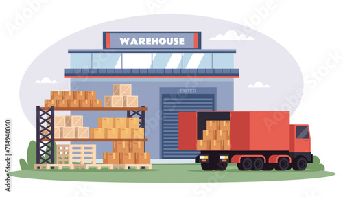 Warehouse logistic interior storage room factory concept. Vector flat graphic design illustration
