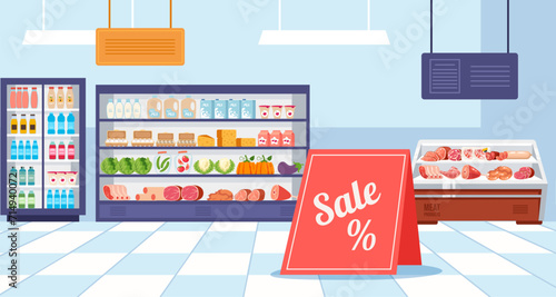 Supermarket shelf with food market store grocery shop empty interior concept. Vector graphic design illustration
