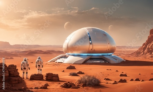 Mars colony concept. Early Martian settlement areal view. Human exoplanet or extrasolar planet habitat. Rocket launch pads. Alien city. Terraforming domes. First extraterrestrial colony on far planet