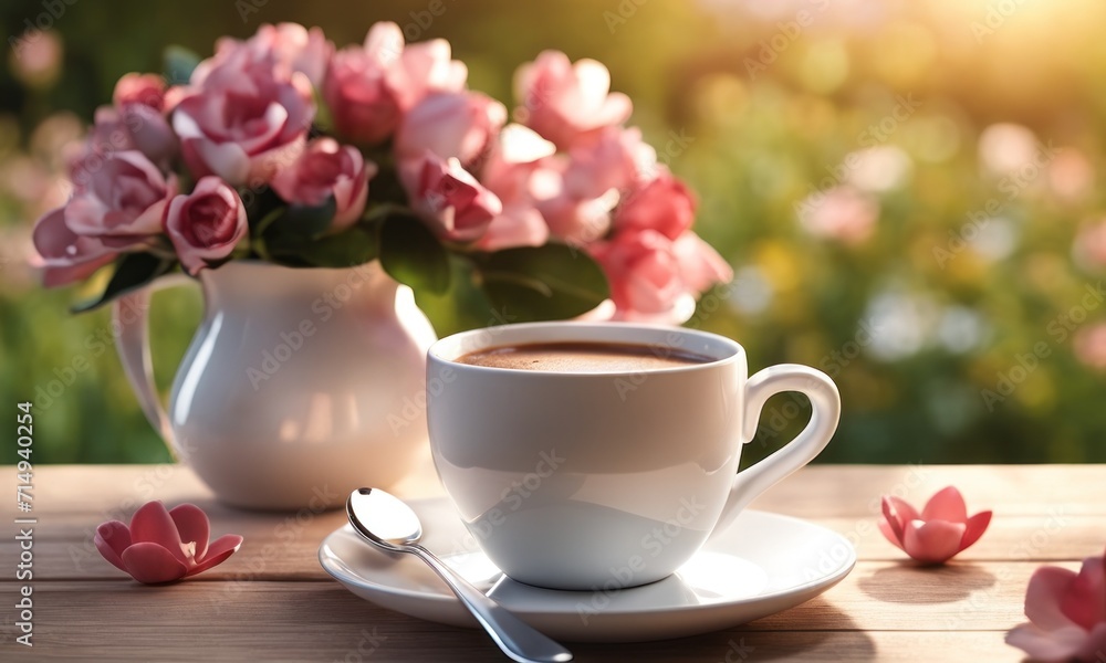 Spring time. ceramic cup of aromatic espresso coffee on the table near windowsill, a bouquet of beautiful flowers, morning sunlight from window Spring time. ceramic cup of aromatic espresso coffee on the table near windowsill, a bouquet of beautiful flowers, morning sunlight from window