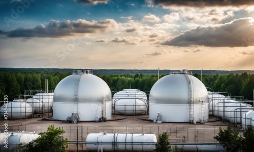 White spherical tanks for storing hydrogen gas at outdoor storage facility. Natural gas tank - LNG or liquefied natural Industrial Spherical gas storage equipment. Gas tank farm in petroleum refinery