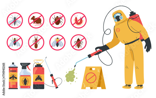 Pest control insect service disinfection poison isolated set. Vector flat graphic design illustration