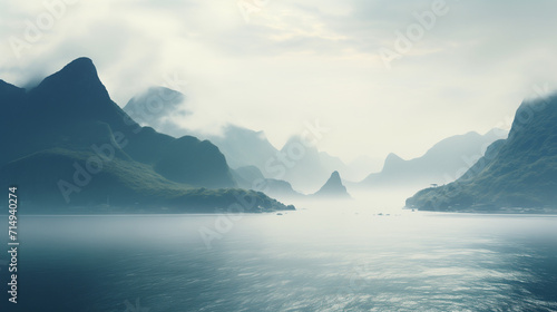 Scenic view of fog over mountain range and sea, Ai generated image photo