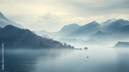 Scenic view of fog over mountain range and sea, Ai generated image