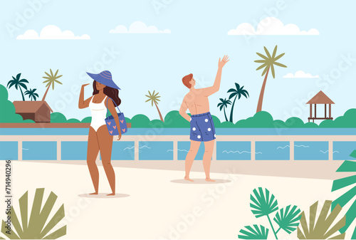 People on beach sea summer vacation concept. Vector graphic design illustration