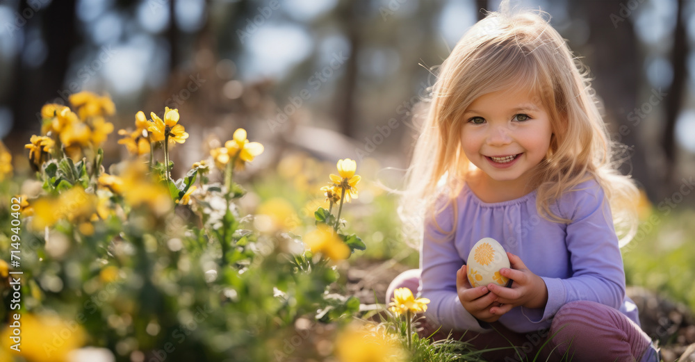 A joyful young girl in a lavender dress engages in an Easter egg hunt among vibrant yellow spring flowers, capturing the essence of childhood wonder and the excitement of springtime festivities. A joyful young girl in a lavender dress engages in an Easter egg hunt among vibrant yellow spring flowers, capturing the essence of childhood wonder and the excitement of springtime festivities.
