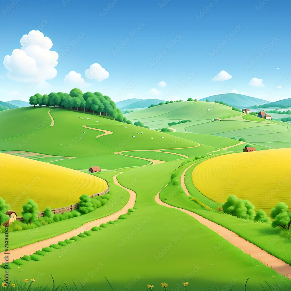 Naklejka premium Animate cartoon Green field Landscape