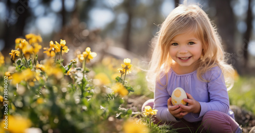 A joyful young girl in a lavender dress engages in an Easter egg hunt among vibrant yellow spring flowers, capturing the essence of childhood wonder and the excitement of springtime festivities.