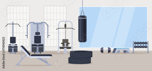Empty modern gym concept. Vector flat cartoon graphic design illustration