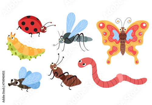 Beetles insects caterpillars worm ant spider butterfly mosquito bee isolated set. Vector flat modern style graphic design cartoon illustration © PrettyVectors