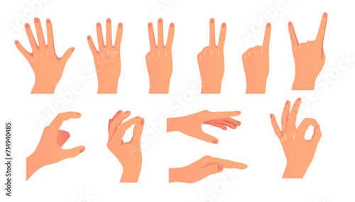 Hand arm finger hold ok pose sign isolated set. Vector flat graphic design illustration