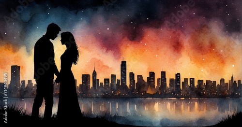 A beautiful couple in love. A man and a woman in a gentle embrace. an illustration for Valentine's Day. the concept of a family. Two silhouettes against the background of the city