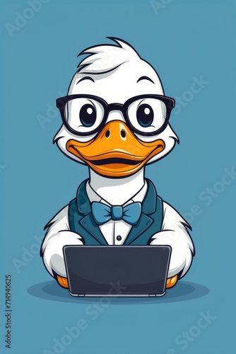 child duck works at the computer  plays on the laptop and does homework  sticker illustration