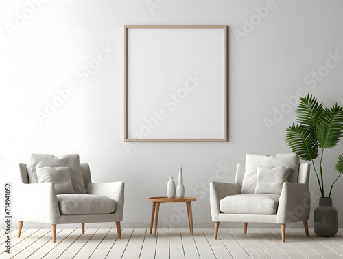 3D living room with two chairs and blank white frame mockup