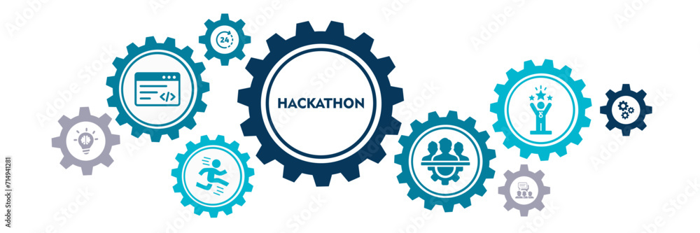 Hackathon technology banner concept with team working together on programming, web developers, designers, project managers, brainstorm and development. Minimal vector infographic.